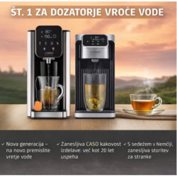 Dozator vroče vode CASO HW 2700 z močjo 2600 W, rezervoarjem za vodo prostornine 2,7 litra in takojšnjim segrevanjem omogoča hitro pripravo čaja, kave ter drugih toplih napitkov brez dolgotrajnega čakanja.