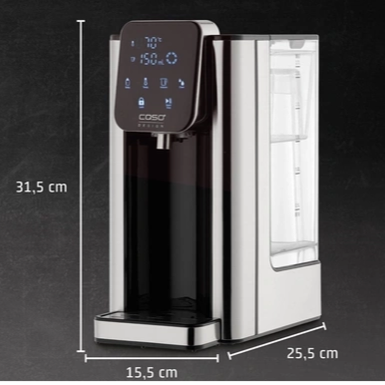 CASO HW 2700 z rezervoarjem za vodo prostornine 2,7 litra, kompaktnimi dimenzijami 31,5 × 15,5 × 25,5 cm in večstopenjskim filtrirnim sistemom zagotavlja čisto vodo, energijsko učinkovito delovanje ter priročno vsakodnevno uporabo.