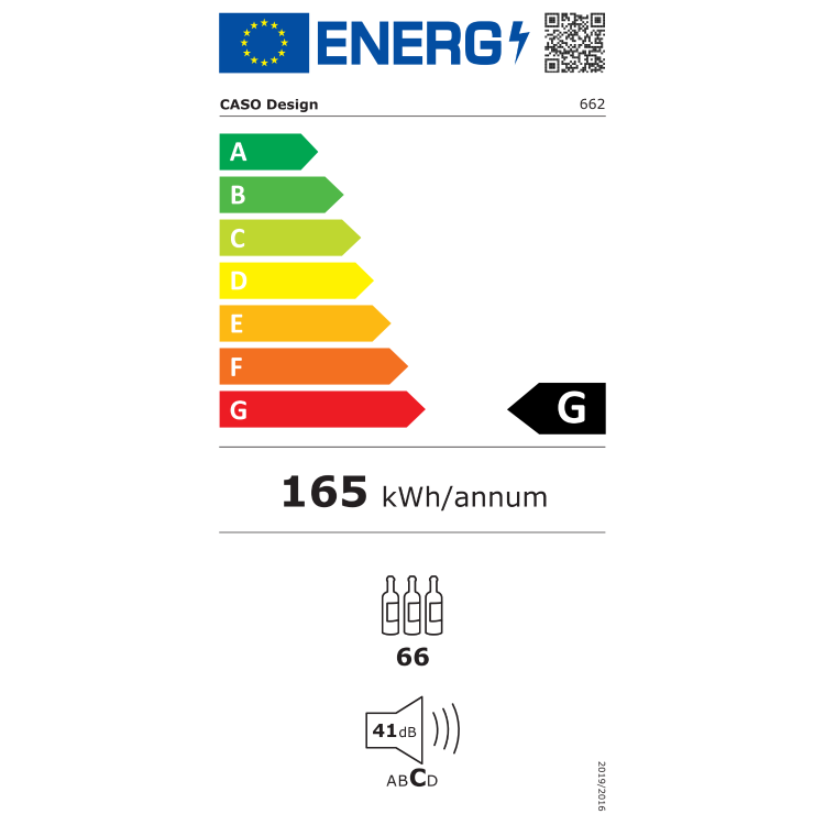 Energijska nalepka vinske vitrine z razredom energijske učinkovitosti G, letno porabo 165 kWh, kapaciteto 66 steklenic in glasnostjo delovanja 41 dB.