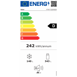 Energijska nalepka za hladilnik Haier HTW7720DNGW z energijskim razredom D, letno porabo 242 kWh, prostornino 343 L (hladilnik) in 140 L (zamrzovalnik) ter glasnostjo 35 dB
