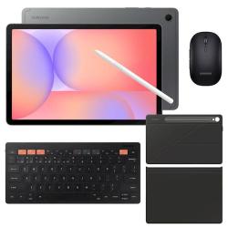 Samsung temno siva tablica z belim S Penom, črna tipkovnica, črna miška in temno siva zaščitna torbica.