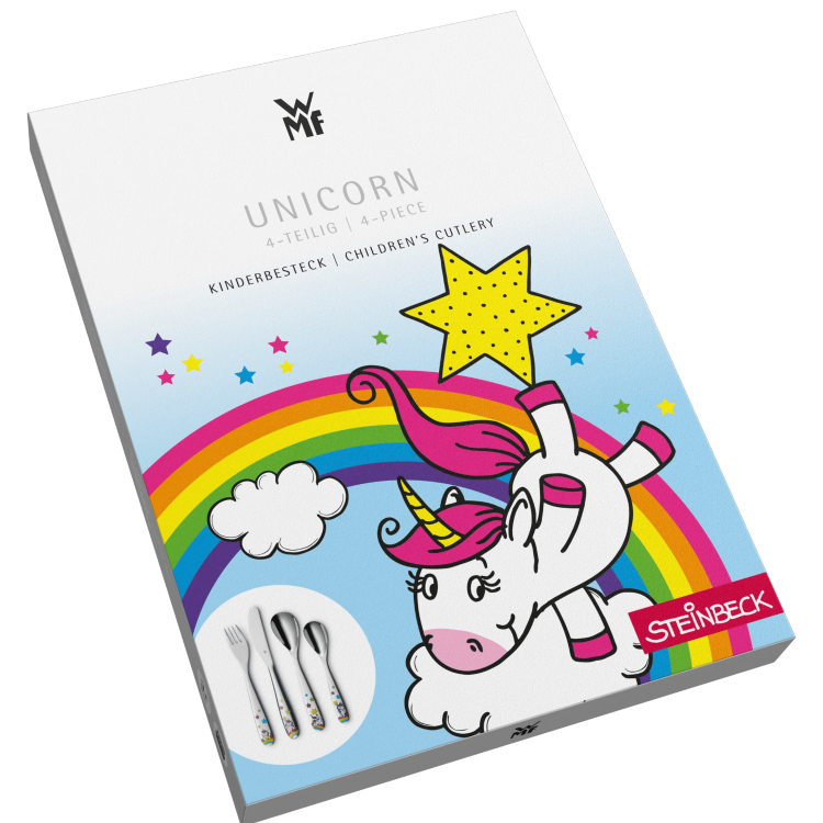 Embalaža WMF “Unicorn” otroškega pribora (4‑delni set) z mavrico in ilustracijo samoroga