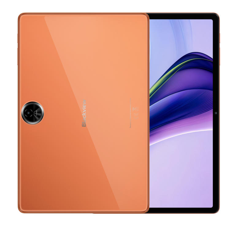 Blackview Zeno 5 tablica, oranžna, sprednji + zadnji pogled, velik zaslon, eleganten kovinski dizajn.