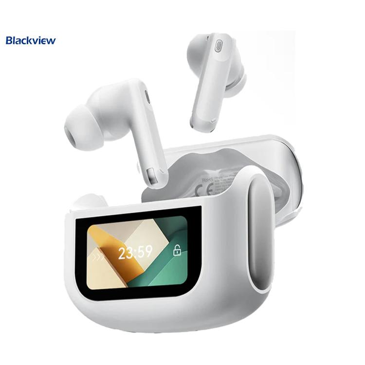 Blackview TWS slušalke z etuijem z zaslonom, bele, brezžične, upravljanje na dotik, prikaz ure.