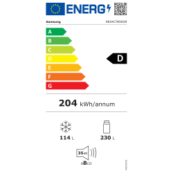 Energijska nalepka za kombinirani hladilnik Samsung RB34C7B5DS9 z energijskim razredom D, letno porabo 204 kWh, prostornino hladilnega dela 230 L, prostornino zamrzovalnega dela 114 L in glasnostjo 35 dB.