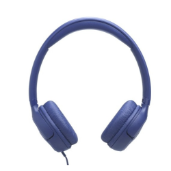 Modre JBL žične slušalke od spredaj, mehke blazinice in lahek naglavni lok za udobno rabo.
