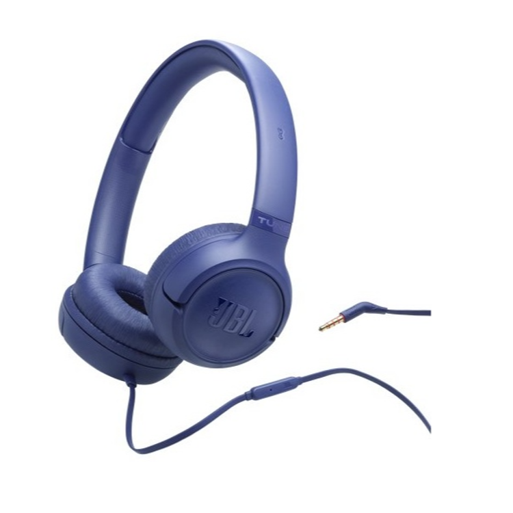 Modre JBL slušalke pod kotom, 3,5 mm priključek ter upravljalnik na kablu za enostavno uporabo.