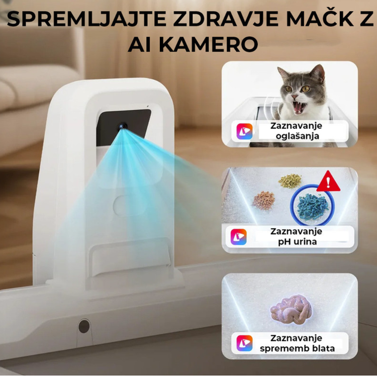 PETKIT Purobot Ultra samodejna mačja toaleta v beli barvi, prikazana z AI kamero za spremljanje zdravja mačke, zaznavanjem sprememb blata, pH-vrednosti urina in oglašanja.