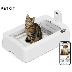 PETKIT Purobot Crystal Duo samodejno mačje stranišče v beli barvi, prikazano z mačko, vgrajeno AI kamero in mobilno aplikacijo za spremljanje uporabe ter zdravstvenega stanja mačke.
