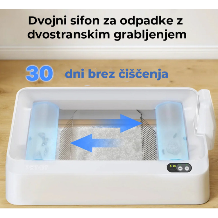 PETKIT Purobot Ultra samodejna mačja toaleta v beli barvi, prikazana z dvojnim sistemom odstranjevanja odpadkov, ki omogoča do 30 dni uporabe brez čiščenja.