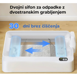 PETKIT Purobot Ultra samodejna mačja toaleta v beli barvi, prikazana z dvojnim sistemom odstranjevanja odpadkov, ki omogoča do 30 dni uporabe brez čiščenja.