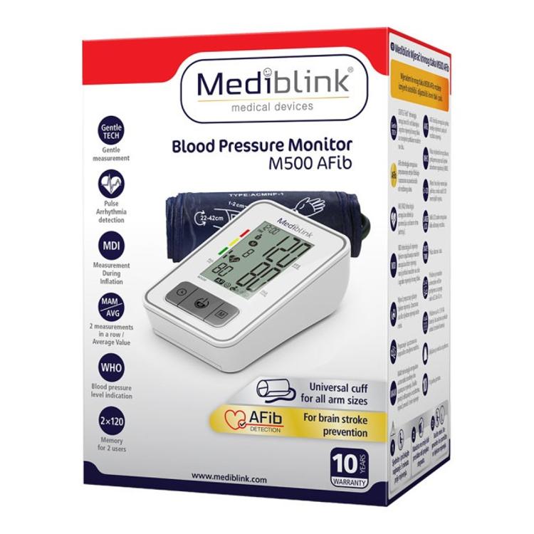 Mediblink M500 AFib embalaža, univerzalna manšeta, AFib detekcija, 2×120 spomin, 10 let garancije.