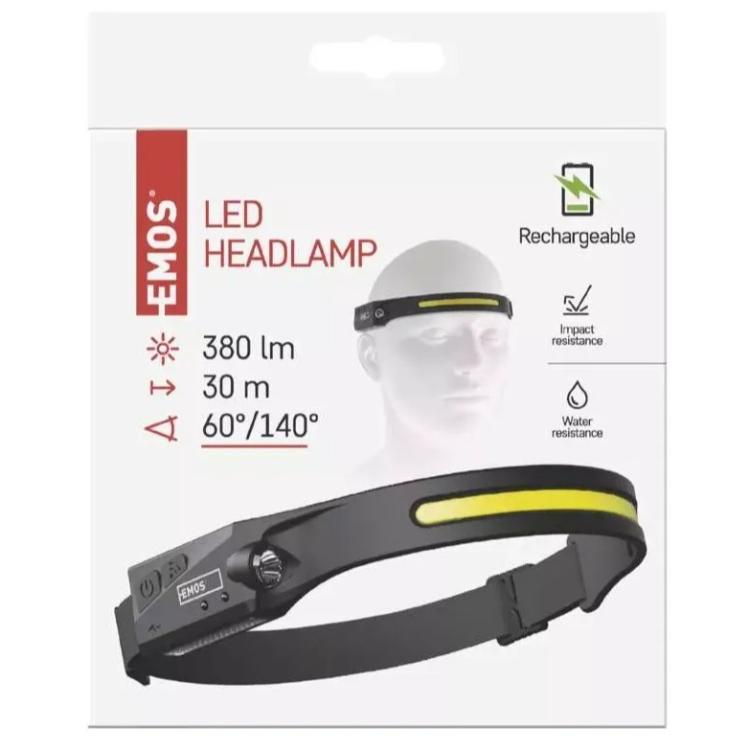Naglavna polnilna LED svetilka Emos, 380 lm, Li-Pol 1200 mAh