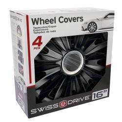 Škatla “Wheel Covers” 4 pcs, prikazan dizajn pokrova, logotip Swiss Drive, velikost 16"