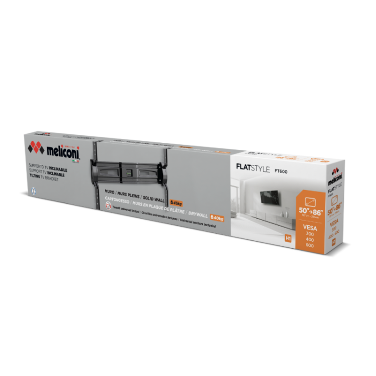 Embalaža Meliconi stenskega nosilca za TV z oznakami velikosti in VESA standarda