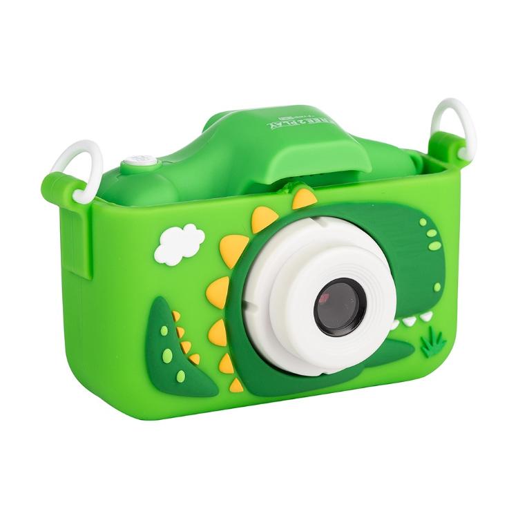 Otroški digitalni fotoaparat FreeON Dino v zelenem silikonskem ohišju z motivom dinozavra, prikazan iz sprednje stranske perspektive.