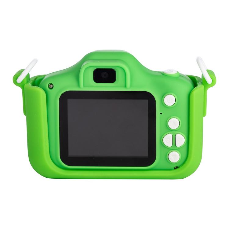 Zadnja stran otroškega digitalnega fotoaparata FreeON Dino z zaslonom, selfie kamero in upravljalnimi gumbi.