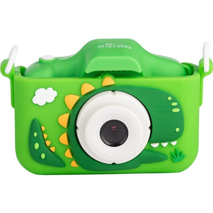 Otroški digitalni fotoaparat FreeON Dino v zelenem silikonskem ohišju z motivom dinozavra in vrvico za nošenje okoli vratu.