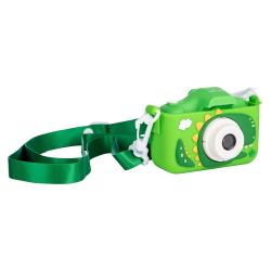 Otroški digitalni fotoaparat FreeON Dino v zelenem zaščitnem ohišju z motivom dinozavra in nastavljivim trakom za nošenje.