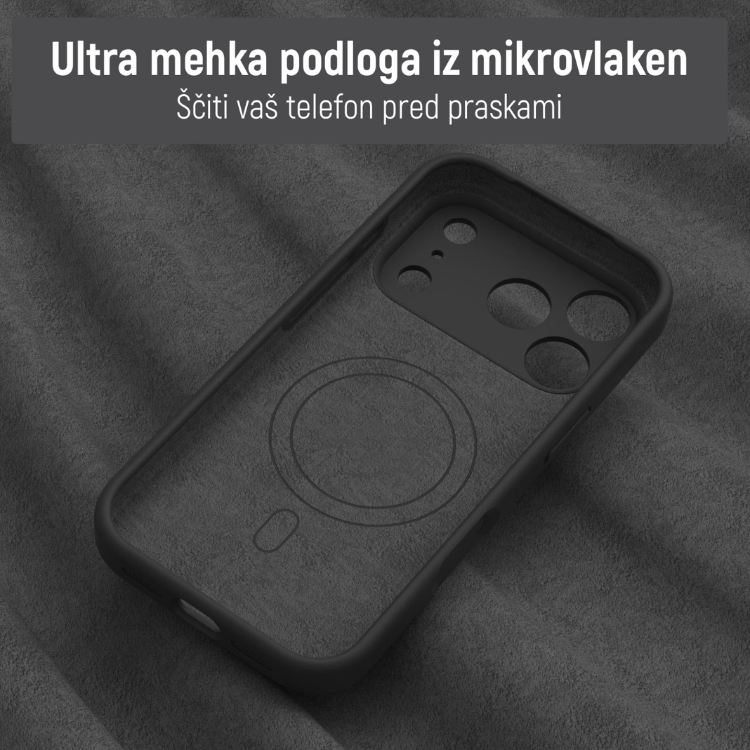 Notranjost črnega ovitka N‑Soft Magnetic z mehko podlogo iz mikrovlaken za zaščito telefona pred praskami.