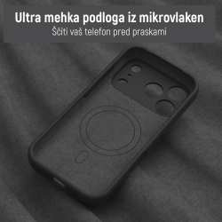 Notranjost črnega ovitka N‑Soft Magnetic z mehko podlogo iz mikrovlaken za zaščito telefona pred praskami.