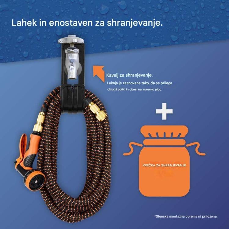 Raztegljiva vrtna cev VonHaus z nosilcem za obešanje in vrečko za enostavno shranjevanje po uporabi.