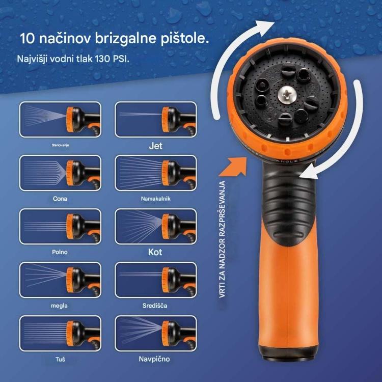 Vrtna pršilna pištola z 10 nastavljivimi načini pršenja in največjim vodnim tlakom 130 PSI.