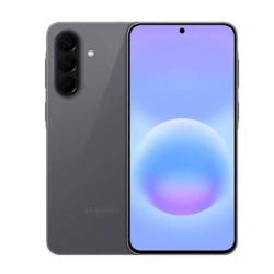 Sprednji in zadnji pogled na telefon Samsung Galaxy z osrednjo kamero na zaslonu in trojno kamero zadaj, sive barve