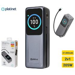 Predstavitvena slika powerbanka Platinet PMPB27140 z embalažo in poudarki: 27.000 mAh, 2v1, 205 W.