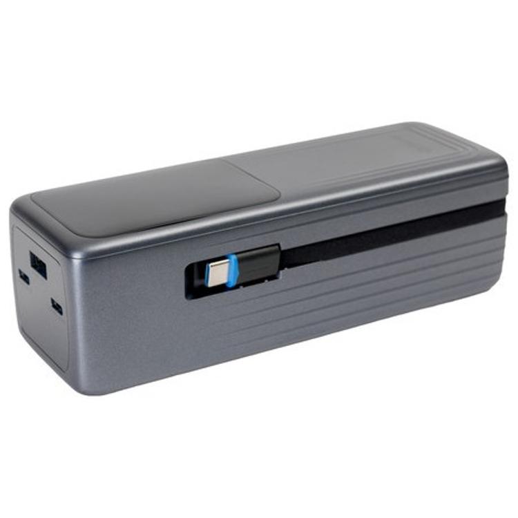 Siva powerbank Platinet PMPB27140 z vgrajenim USB-C kablom, digitalnim zaslonom in stranskimi priključki.