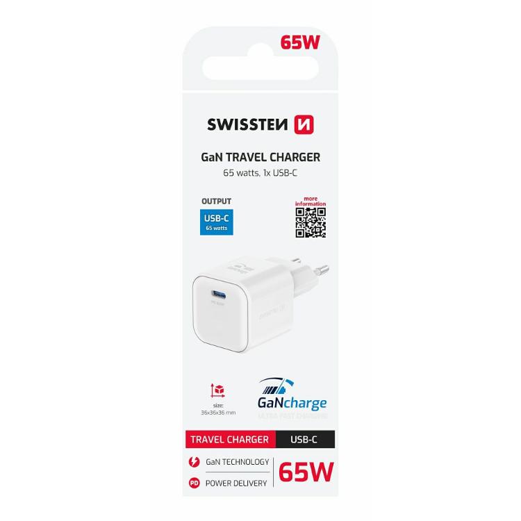 Hitri stenski polnilnik Swissten GaN 65 W z USB‑C priključkom in podporo Power Delivery omogoča hitro ter učinkovito polnjenje prenosnikov, tablic, pametnih telefonov in drugih združljivih naprav.