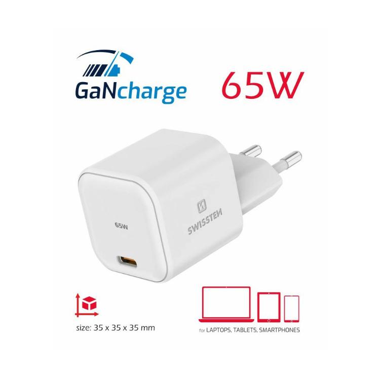 Swissten GaN 65 W z napredno GaN tehnologijo in kompaktnimi dimenzijami 35 × 35 × 35 mm združuje visoko moč, energijsko učinkovitost ter priročno uporabo doma, v pisarni ali na potovanjih.