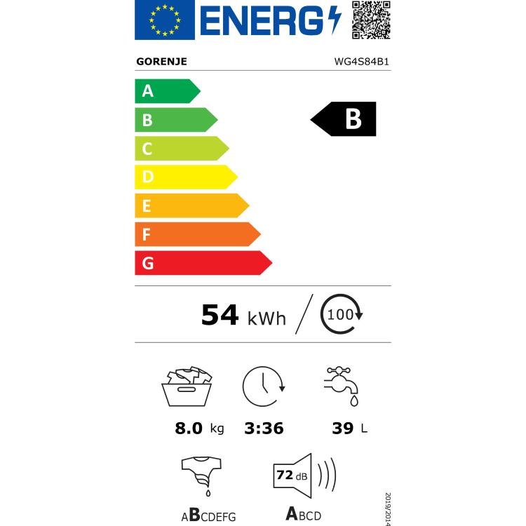 Energetska nalepka EU za pralni stroj Gorenje WG4S84B1 z energijskim razredom B, zmogljivostjo 8 kg, porabo 54 kWh na 100 ciklov in glasnostjo ožemanja 72 dB.
