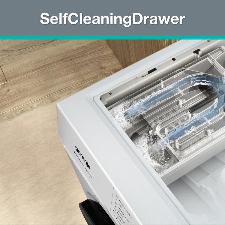Prikaz funkcije SelfCleaningDrawer pri pralnem stroju Gorenje WG4S84B1, ki samodejno čisti predal za detergent z vodnimi curki.