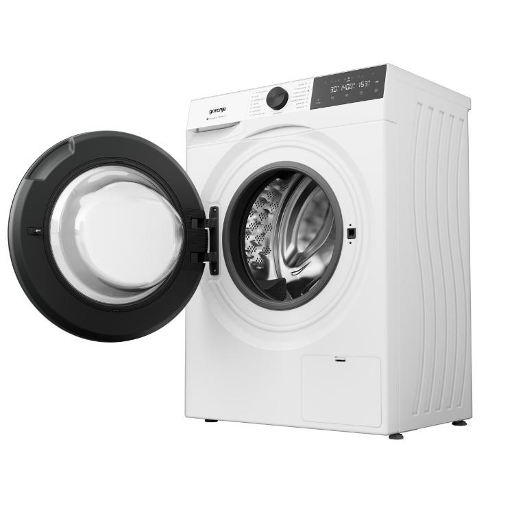 Pralni stroj Gorenje WG4S84B1 z odprtimi vrati bobna in vidnim notranjim nerjavnim bobnom.
