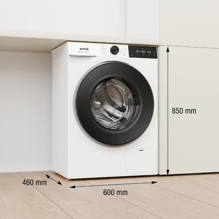Pralni stroj Gorenje WG4S84B1 z označenimi dimenzijami 600 × 460 × 850 mm za vgradnjo v manjše prostore.