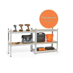 Kovinski regal z nastavljivo postavitvijo polic, primeren za različno shranjevanje.