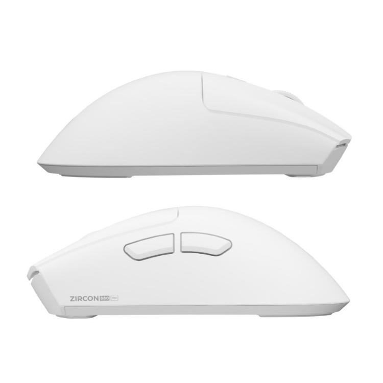 Genesis Zircon 880 Pro gaming miška, stranski pogled z belim ohišjem in dodatnima gumboma.