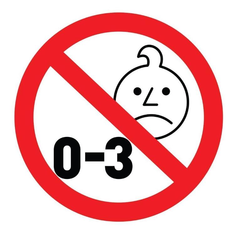 Opozorilni simbol prepovedi za otroke od 0 do 3 let zaradi majhnih delov.