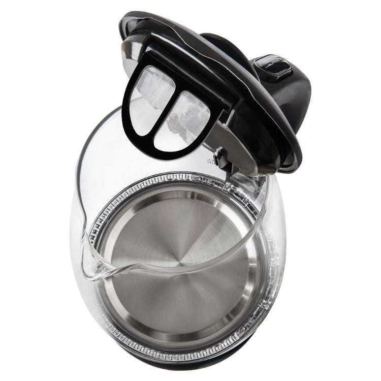 Odprt električni grelnik vode s pogledom od zgoraj na notranjost in filter