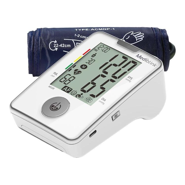 Mediblink M520 AFib merilnik tlaka, velik LCD, nadlahtna manšeta 22–42 cm, zaznavanje aritmije.
