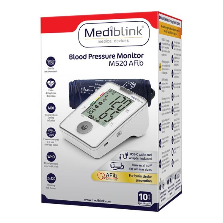 Mediblink M520 AFib embalaža, USB‑C napajanje, AFib detekcija, univerzalna manšeta, 10 let garancije.