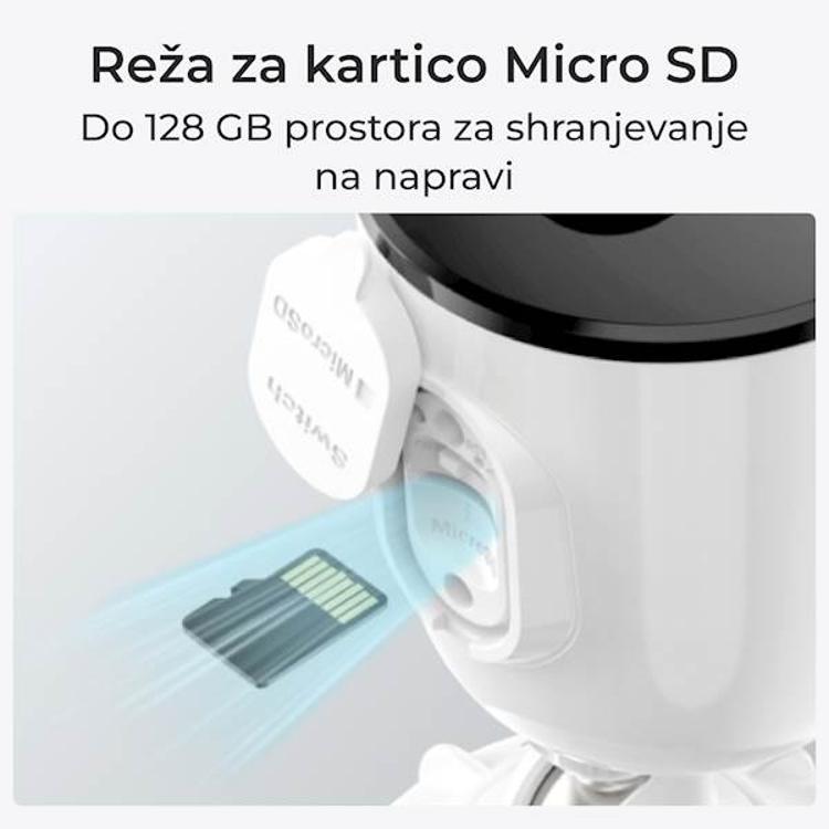 Reža za kartico microSD na kameri Reolink Argus B310, ki omogoča lokalno shranjevanje posnetkov do 128 GB.