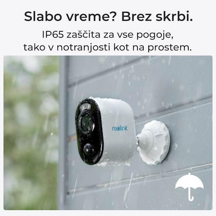 Zunanja kamera Reolink Argus B310 z zaščito IP65, odporna na dež in različne vremenske razmere.
