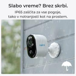 Zunanja kamera Reolink Argus B310 z zaščito IP65, odporna na dež in različne vremenske razmere.