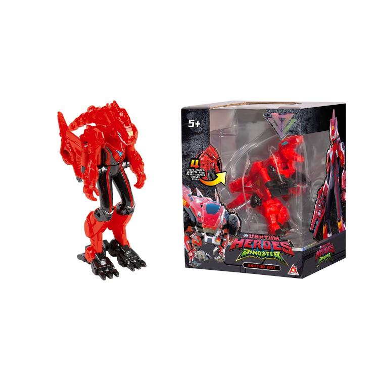 Copilot said: Rdeč transformabilni robot-raptor Quantum Heroes Dinoster v embalaži, primeren za otroke 5+.
