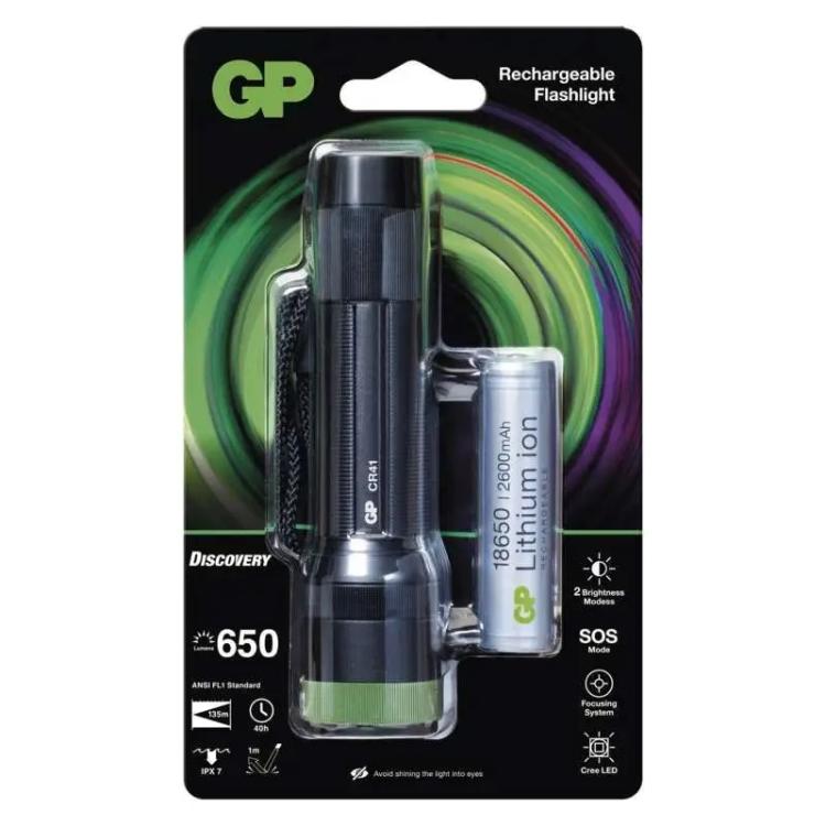 Ročna polnilna LED svetilka GP CR41, 650lm, 2600mAh, fokus