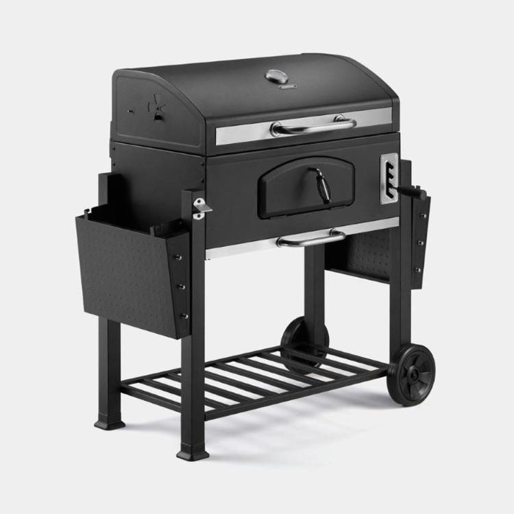 VonHaus XL American BBQ z nastavljivim dovodom zraka, stranskima policama, spodnjo odlagalno rešetko in kolesi za premikanje združuje praktičnost, stabilnost ter enostavno uporabo na prostem.