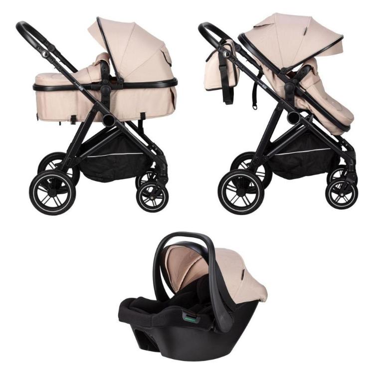 FreeON otroški voziček 3‑v‑1 Neo v bež barvi z globoko košaro, športnim sedežem in avtosedežem.