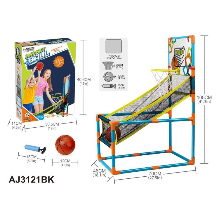 Otroški košarkarski set z označenimi dimenzijami, vključuje obroč, mrežo, rampo za vračanje žoge in dodatke.